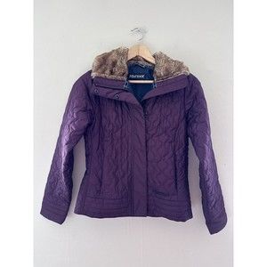 Marmot Womens St Moritz Quilted Jacket Size Small Purple Faux Fur Lined Collar